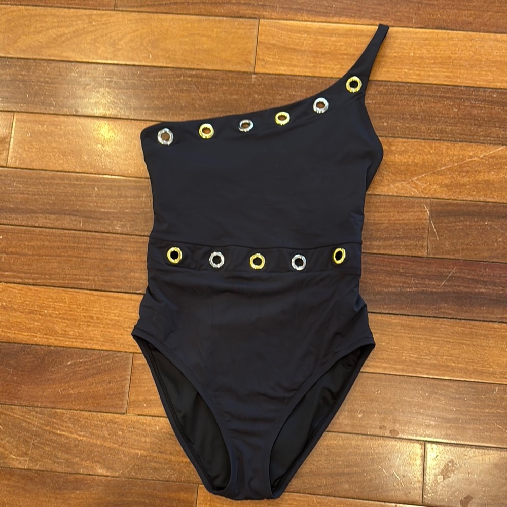 Stylish women’s One-Shoulder Swimsuit - Navy with Gold & Silver Accents
